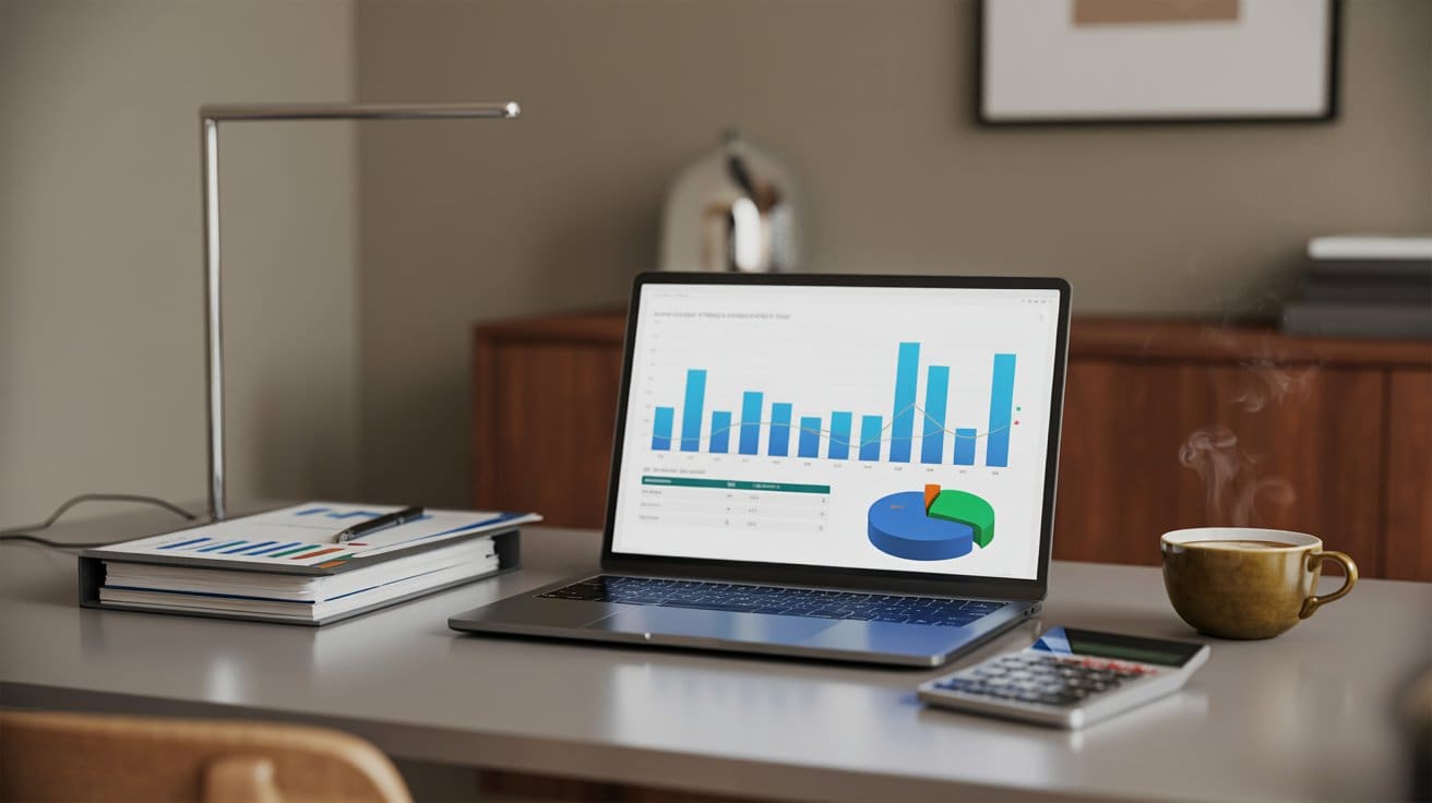 Postazione di lavoro moderna con laptop che mostra una dashboard e documenti contabili, rappresentazione visiva dell’utilizzo di una dashboard fatturato gratis per monitorare i ricavi aziendali.