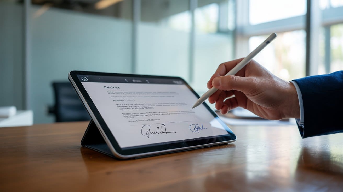 Persona che firma un contratto digitale su tablet in un ufficio moderno, simbolo di firma digitale contratti online gratis in modo sicuro e professionale.