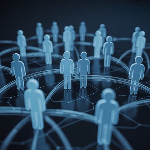 Rete digitale di contatti aziendali interconnessi, rappresentazione visiva del funzionamento di un software gestione contatti aziendali.