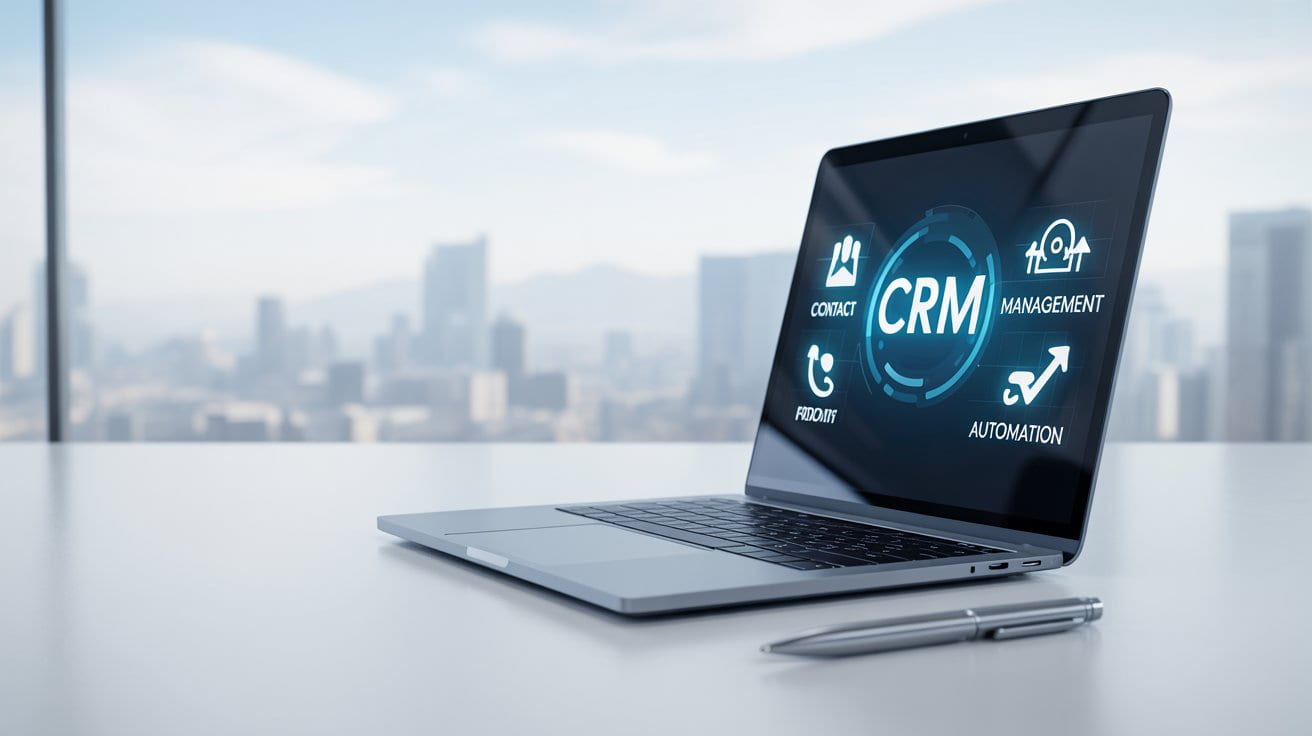 Scrivania moderna con laptop aperto su dashboard CRM, simbolo dell’efficienza di un software gestione contatti aziendali.